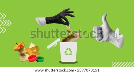 A hand in a black safety glove sorts through the rubbish, thumbs up as a sign of approval for recycling, reusing. Minimalist Art collage.