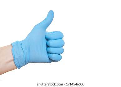 Hand In Blue Medical Glove Shows Thumbs Up