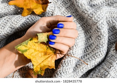 Hand and blue nails sweater autumn cozy background  Female manicure  glamorous beautiful manicure  Winter autumn manicure in blue 