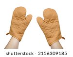 Hand with brown oven glove mitt isolated on white background