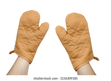 Hand with brown oven glove mitt isolated on white background