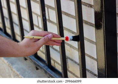 Hand With Brush Painting Metal Fence 