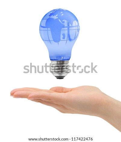 Hand and bulb with globe isolated on white background