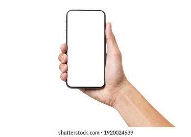 Hand Business Man Holding Mobile Smartphone With Blank Screen Isolated On White Background With Clipping Path