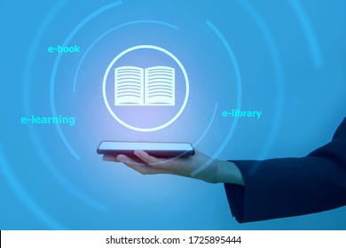 Hand of business man holding smartphone with book icon;e-book or e-library concept