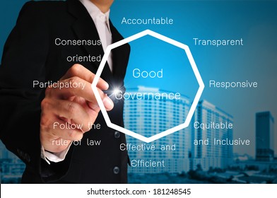 Hand Of Business Man Present Chart Or Diagram Of Good Governance 