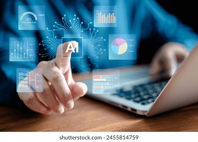 Hand Business people touching artificial intelligence AI circuit board to analyze data automated chart graph. Innovative technology Machine learning on virtual screen for futuristic. - Powered by Shutterstock