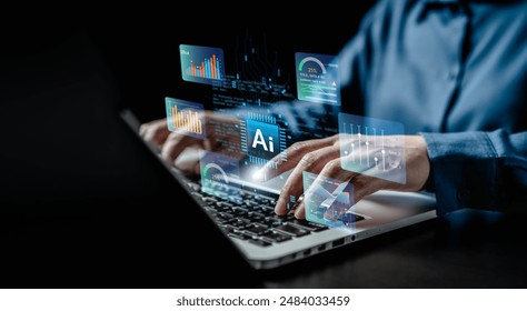 Hand Business people touching artificial intelligence AI circuit board to analyze data automated chart graph. Innovative technology Machine learning on virtual screen for futuristic. - Powered by Shutterstock