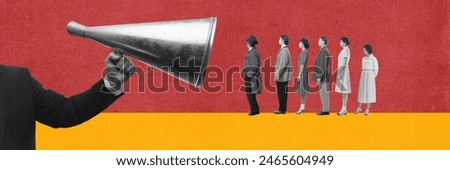 Hand in business suit holding megaphone directing to young people standing in a line. Informational control of society. Contemporary art. Concept of propaganda, social pressure, news. Creative design