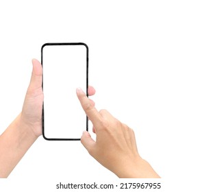 Hand business woman holding mobile smartphone with blank screen isolated on white background with clipping path - Shutterstock ID 2175967955