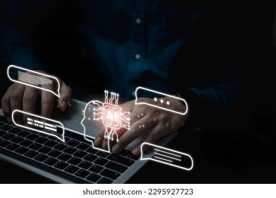 Hand of businessman chatting with smart AI or artificial intelligence, Automate chatbot Digital, robot application, OpenAI generate. Futuristic technology.