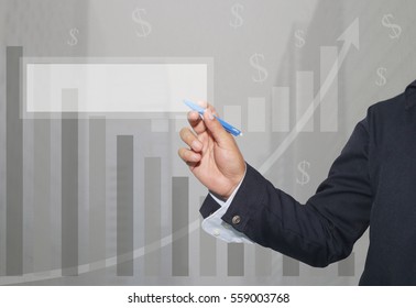 Hand Of Businessman Is Drawing Bar Graph And Blank Of Rectangular Area For Input Text And Ideas Presented To Your Needs.