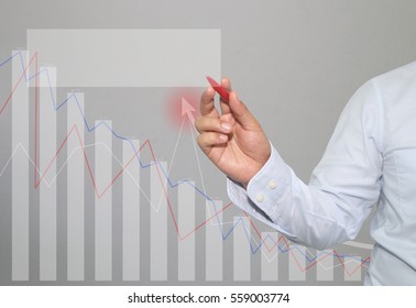 Hand Of Businessman Is Drawing Bar Graph And Blank Of Rectangular Area For Input Text And Ideas Presented To Your Needs.