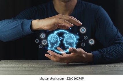 Hand of a businessman holding a brain with artificial intelligence in the palm Virtual reality with symbolic neurons in the brain Smart brain concept with business travel. synchronize network.