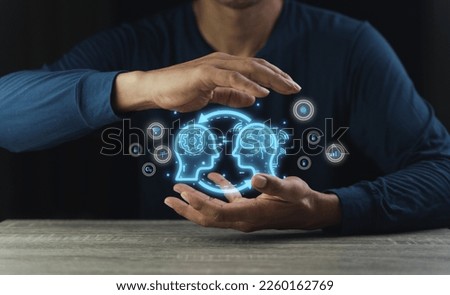 Hand of a businessman holding a brain with artificial intelligence in the palm Virtual reality with symbolic neurons in the brain Smart brain concept with business travel. synchronize network.