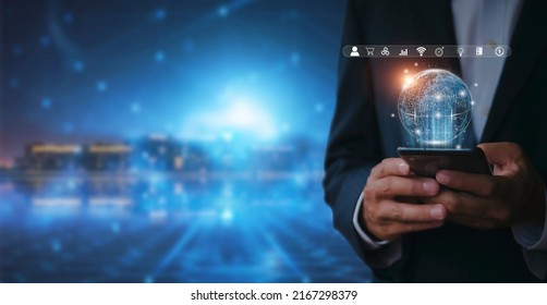 Hand of businessman holding mobilephone with global internet connection application technology and digital marketing, Financial and banking, Digital link tech, big data. business concept