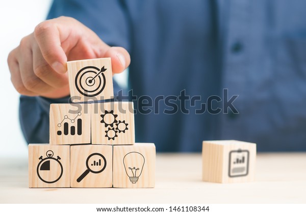 Hand Businessman Laying Wooden Blocks Icon Stock Photo 1461108344 ...