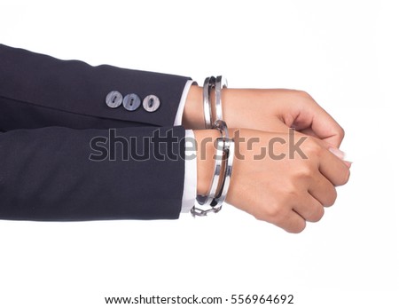 hand of businessman in shackle isolated on white background