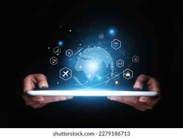 Hand of businessman showing global logistics network on tablet, Futuristic innovation, Smart transport technology concept. - Shutterstock ID 2279186713