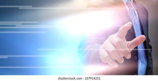 hand of businessman and social network on tech 
