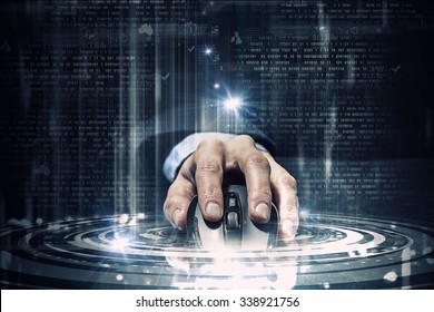 Hand Of Businessman In Suit On Dark Digital Background Using Wireless Computer Mouse