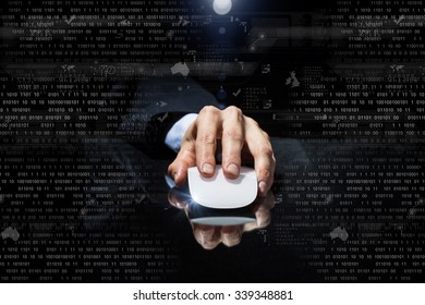 Hand Of Businessman In Suit On Dark Digital Background Using Wireless Computer Mouse