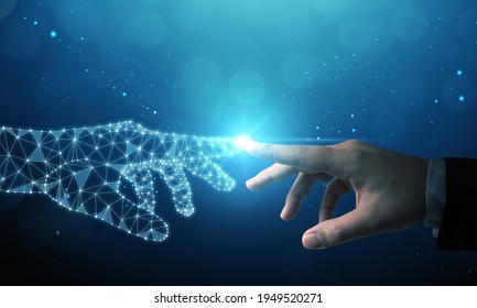 Hand of businessman touching hand artificial intelligence meaning technology connection go to future - Shutterstock ID 1949520271