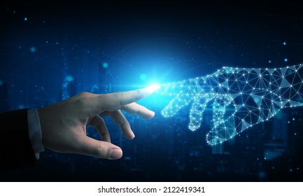 Hand of businessman touching hand artificial intelligence meaning technology connection go to future