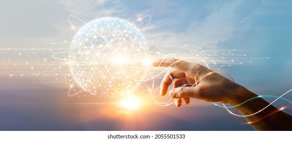 Hand of businessman touching circle global network connection and data exchanges on sunset background, Business networking with customer, Science, Innovation, Communication and technology concept.  - Shutterstock ID 2055501533