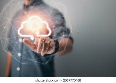 Hand of a businessman touching cloud computing, a map point, a network connection, a global meaning, and a copy space