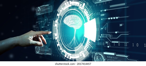 Hand of Businessman touching hologram screen with world map background. NLP Natural Language Processing cognitive computing technology concept.
