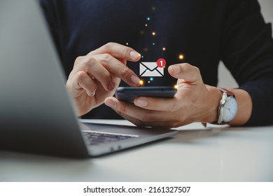 Hand of businessman using smartphone for email with notification alert, Online communication concept. - Shutterstock ID 2161327507