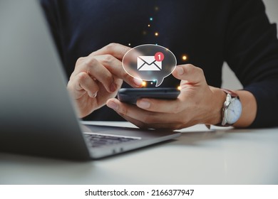 Hand of businessman using smartphone for email with notification alert, Online communication concept. - Shutterstock ID 2166377947