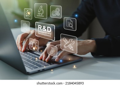 Hand of businessman working to R and D icon for Research and Development on laptop screen, Manage costs more efficiently. R and D innovation concept.