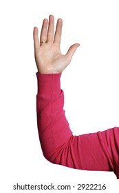 Hand of a businesswoman raised in mid-air isolated on white