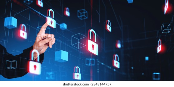 Hand of businesswoman touching padlock icon using immersive cybersecurity and blockchain interface over dark blue background. Concept of data protection in business and blockchain
