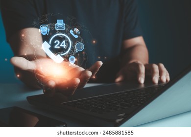 Hand call center 24 hour support services, customer support hotline. Care and consulting client 24hr, contact us, email, address, operator, customer, support, phone agent, live chat, worldwide nonstop - Powered by Shutterstock