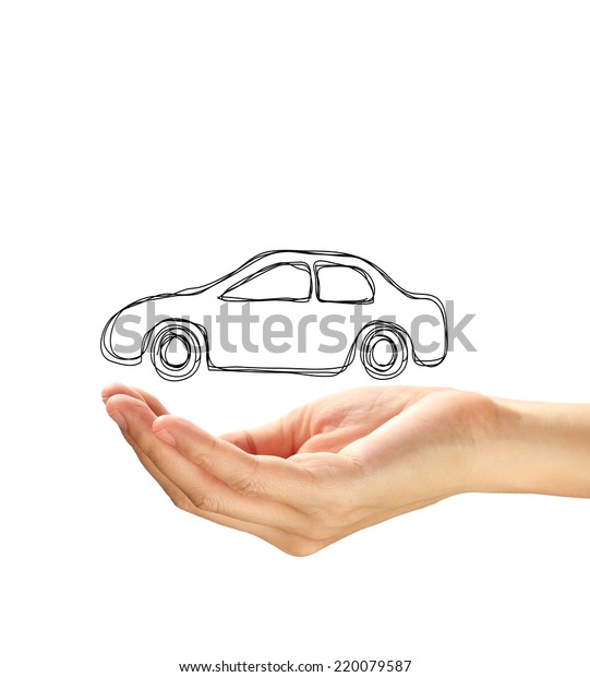 Hand with car\
isolated on white\
background.