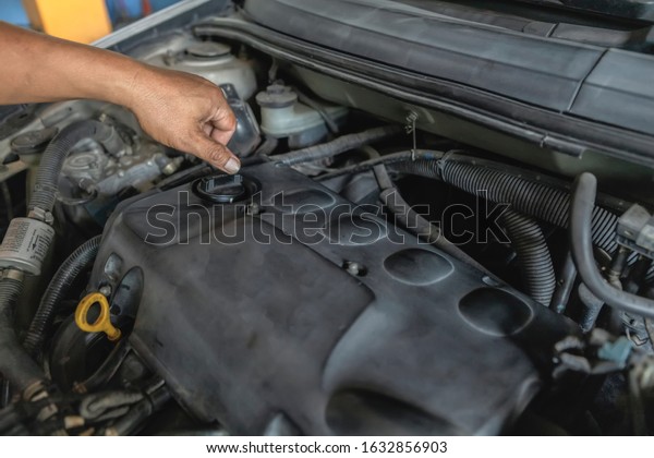 Hand of car mechanic check engine oil for\
maintenance in garage service\
car.