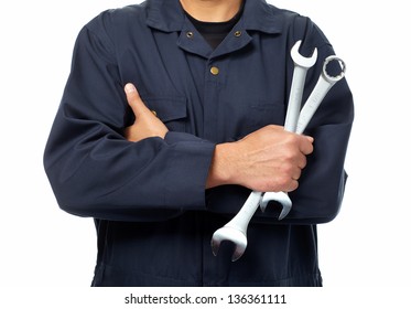 Hand Of Car Mechanic With A Wrench. Isolated Over White Background.