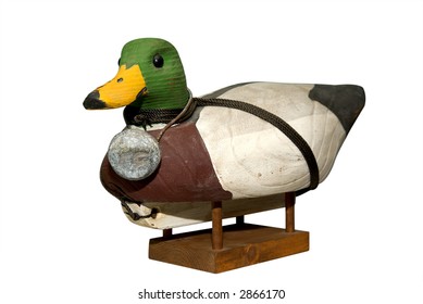 Hand carved Mallard Drake Decoy Duck isloated over white with a clipping path