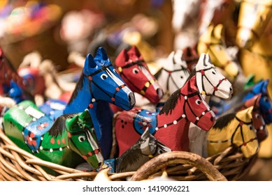 Hand Carved Wooden Horse Figures - Traditional Polish Decorative Handcraft. Polish Culture, Kraków, Poland.