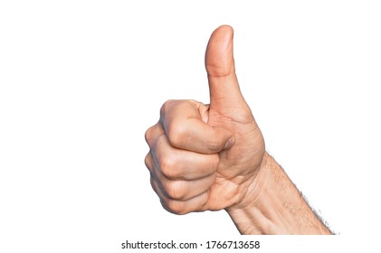 Hand Of Caucasian Middle Age Man Over Isolated White Background Doing Successful Approval Gesture With Thumbs Up, Validation And Positive Symbol