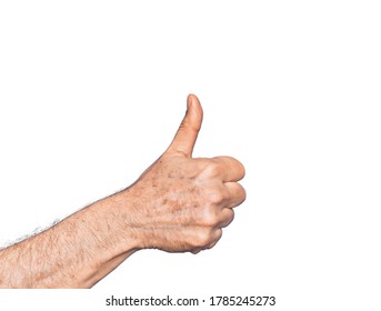 Hand Of Caucasian Middle Age Man Over Isolated White Background Doing Successful Approval Gesture With Thumbs Up, Validation And Positive Symbol