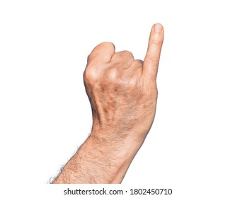 Hand of caucasian middle age man over isolated white background showing little finger as pinky promise commitment, number one
