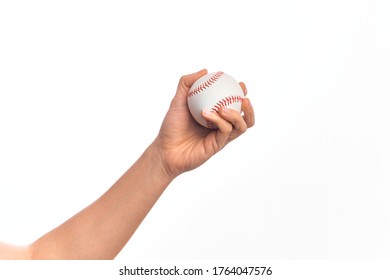 Hand Of Caucasian Young Man Holding Baseball Ball Over Isolated White Background