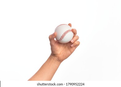 Hand Of Caucasian Young Man Holding Baseball Ball Over Isolated White Background