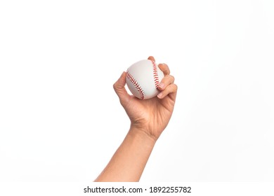 Hand Of Caucasian Young Man Holding Baseball Ball Over Isolated White Background