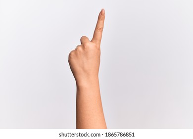 Hand Of Caucasian Young Woman Counting Number One Using Index Finger, Showing Idea And Understanding