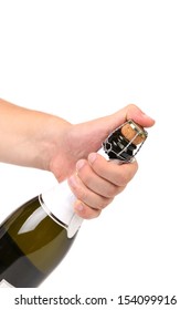 Hand With Champagne Bottle Isolated